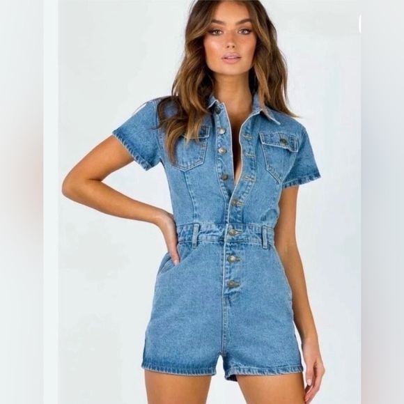 Lioness Pants - Lioness "U Know What's Up" Denim Romper Size M Princess Polly